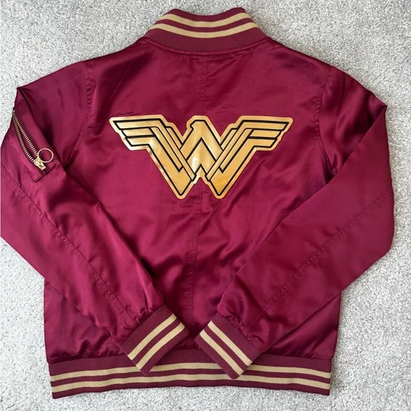 Wonder Woman Satin Bomber Jacket - Burgundy with Gold Trim - Picture 3 of 4